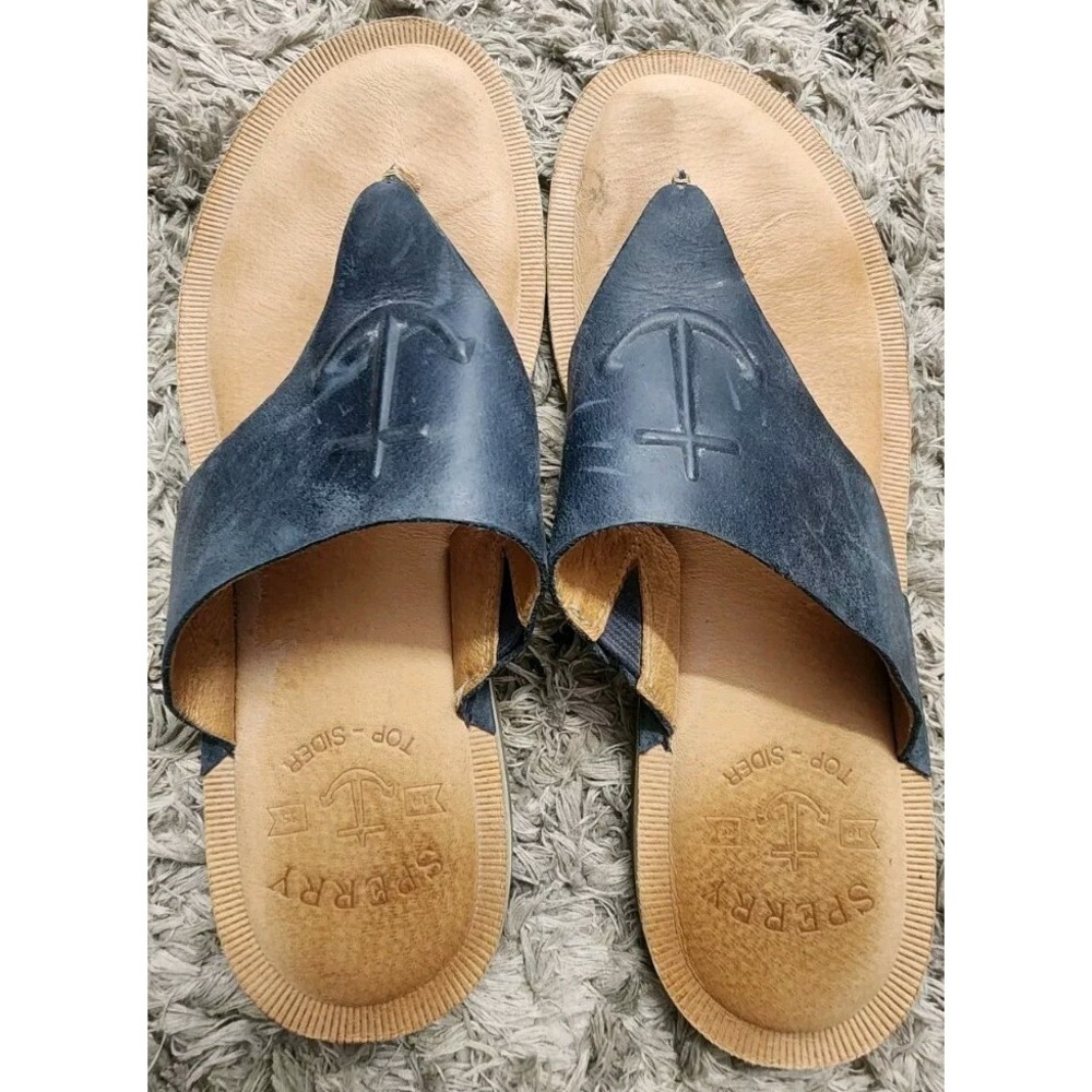 SPERRY‎ TOP-SIDER SZ 8 ANCHOR EMBOSSED Blue LEATHER SANDAL Shoes Womans EUC